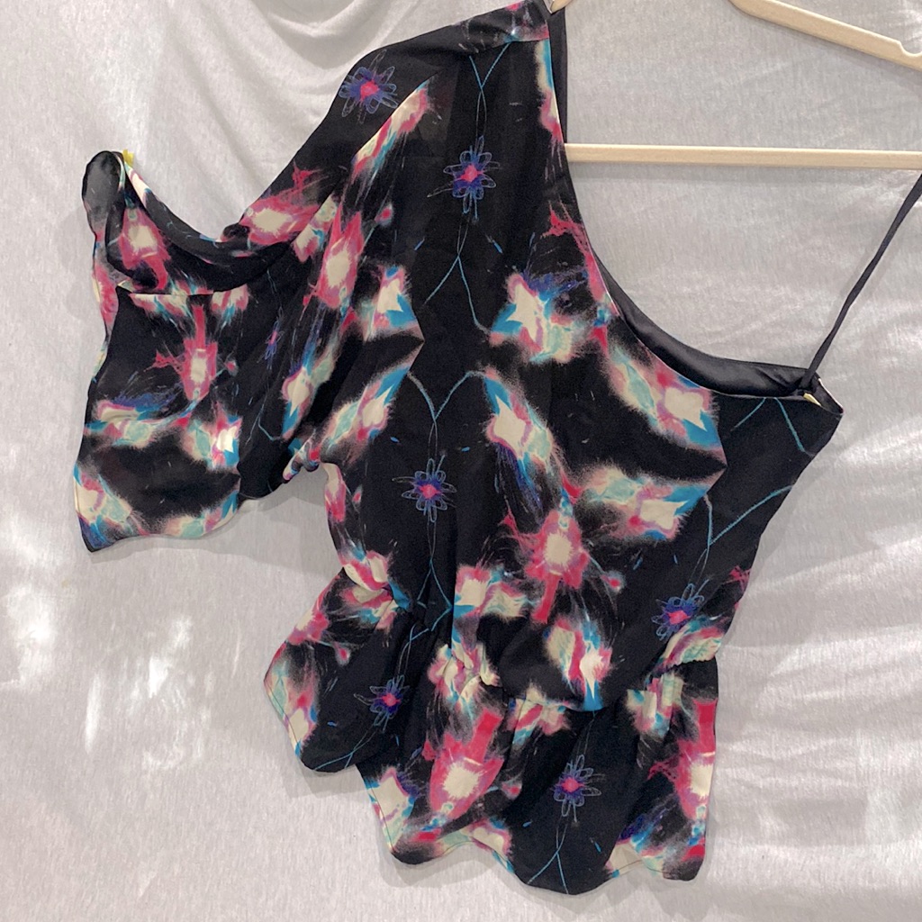 Halston Heritage 100% Silk 1 Sleeve Blouse W Flounce Black Pink Blue Euc Size 6